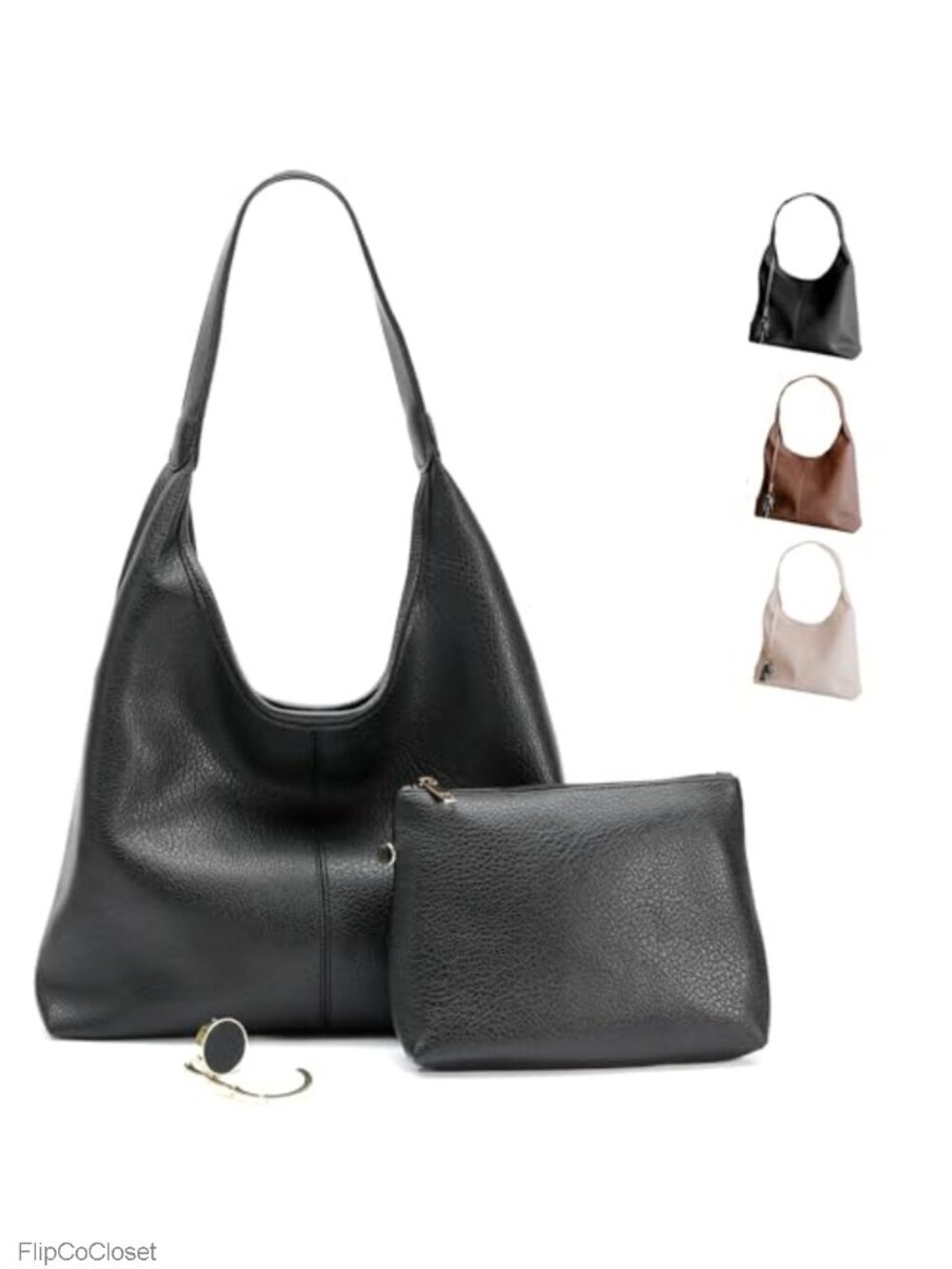 Faux Leather Slouchy Hobo Bag with Zippered Pockets & Shoulder Strap